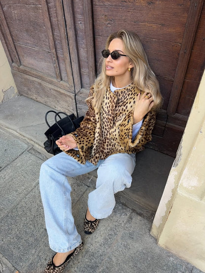 Collarless Leopard Bomber Jacket