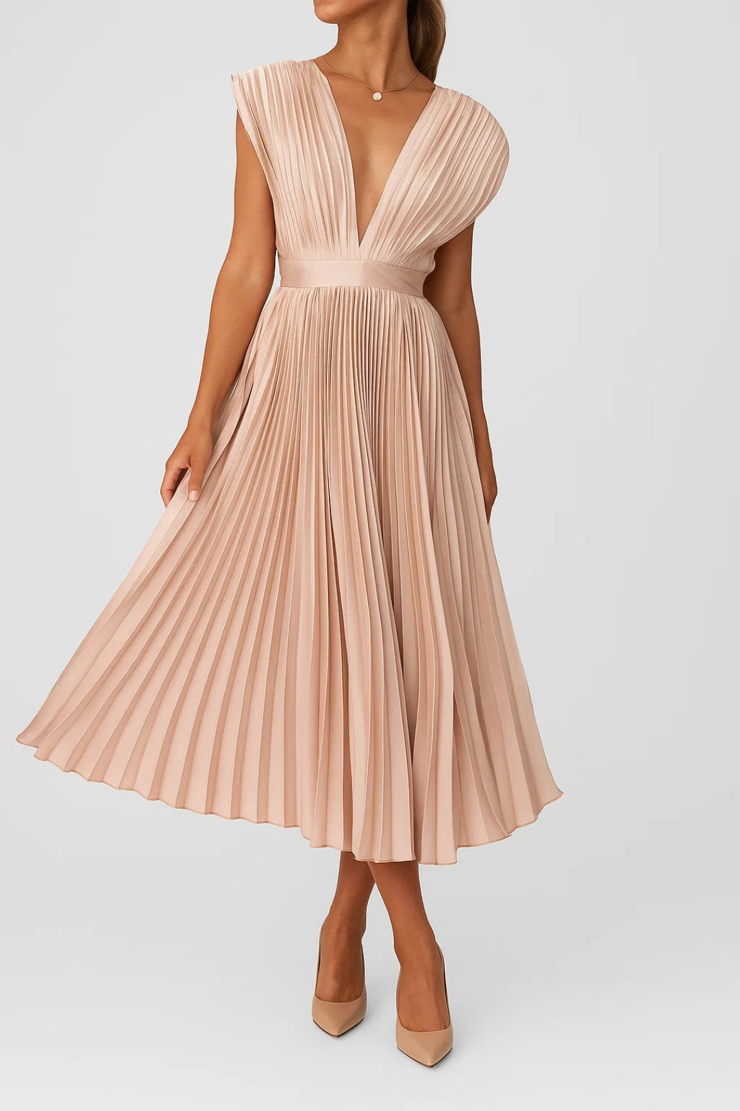 Midi Pleated V-Neck Dress and Highlighted Waist