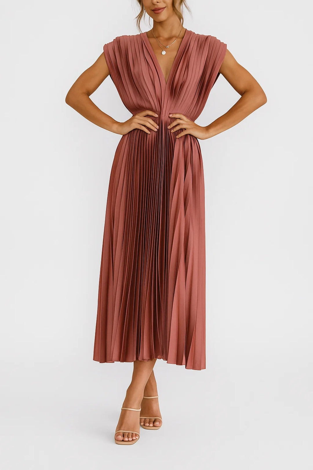 Midi Pleated V-Neck Dress and Highlighted Waist