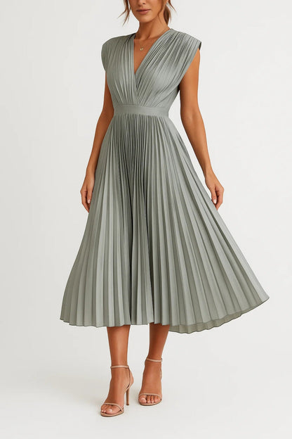 Midi Pleated V-Neck Dress and Highlighted Waist